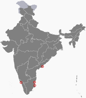 Location of Puducherry (marked in red) in India