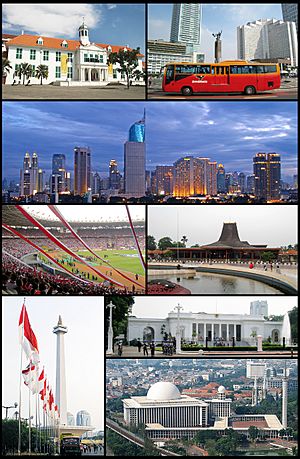 From top, left to right: Jakarta Old Town, Hotel Indonesia Roundabout, Jakarta Skyline, Gelora Bung Karno Stadium, Taman Mini Indonesia Indah, Monumen Nasional, Merdeka Palace, Istiqlal Mosque and Jakarta Cathedral