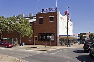 Leeton Roxy Community Theatre viewed from the corner of Kurrajong Ave and Wade Ave South