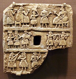 Mesopotamia, Periodo proto-dinastico, placca con scena di banchetto, da khafajah, 2650-2550 ac ca