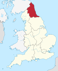 North East England, highlighted in red on a beige political map of England