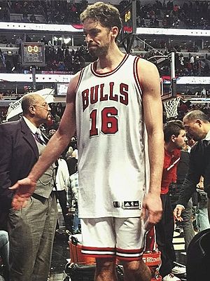 Paul Gasol high five with Stryde at the end of the Chicago Bulls game (cropped)
