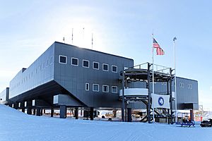 The Amundsen–Scott Station in November 2009. In the foreground is Destination Alpha, one of the two main entrances.