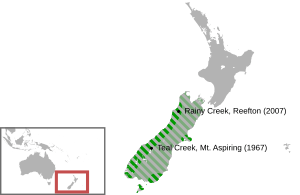 Map showing historical distribution of South Island kōkako.