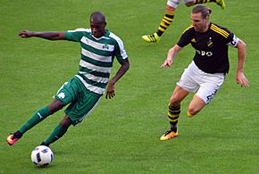 Víctor Ibarbo (panathinaikos) being challanged by Nils-Eric Johansson (AIK) during a Europa League Qualifier.jpg