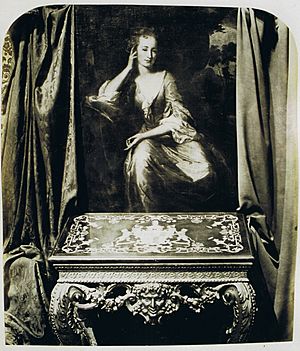 Victorian photo of a portrait of Mary Stanhope, later Viscountess Fane, by G. Schalken, 1702, and a Florentine table c1735