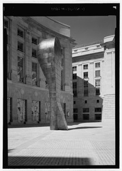 View in the Woodrow Wilson Plaza (along the building's 13th Street side) looking to Martin Puryear's "Bearing Witness" sculpture - Ronald Reagan Building and International Trade Center, HABS DC-860-1