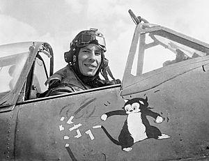 Wing Commander Ian "Widge" Gleed, leader of No. 244 Wing, in his Supermarine Spitfire Mk VB at an airfield in Tunisia, April 1943. Days later he was shot down and killed by Messerschmitt Bf 109s over Cape Bon. CM5005