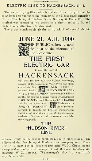 "The First Electric Car to enter the town of Hackensack" "June 21, 1900" article in Vol. X, No. 7 (page 412) in The Street Railway Review, July 1900 (IA streetrailwayrev10amer) (page 426 crop)