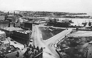 Auckland City panorama, looking west from Ferry buildings, towards Viaduct Basin (AM PH-NEG-C16578) (cropped)