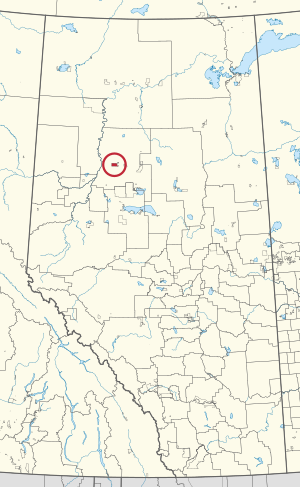 A map of the province of Alberta showing 80 counties and 145 small Indian reserves. One is highlighted with a red circle.