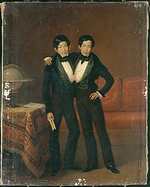 Chang and Eng, Siamese twins, 1836. Oil painting by Edouard- Wellcome V0017109