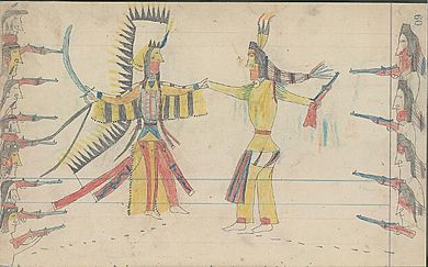 Crow warriors and Cheyenne warriors making peace- Ledger drawing
