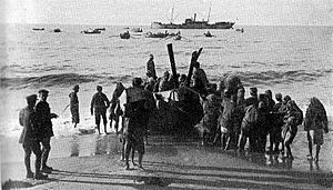 Egyptian Labour Corps landing stores near Gaza during World War I