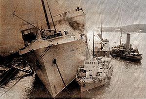 Furness-Withy tender Castle Harbour and Royal Navy tugs Sandboy and Creole fight MV Bermuda fire on 17 June, 1931