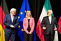 German Foreign Minister Steinmeier, EU High Representative Mogherini, and Iranian Foreign Minister Zarif Stand for a Group Photo After EU, P5+1 Reached Iran Nuclear Agreement in Austria