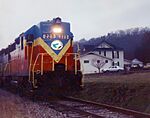 Great Smoky Mountains Railroad Diesel Engine No. 223 rolls through Marble, N.C.jpg