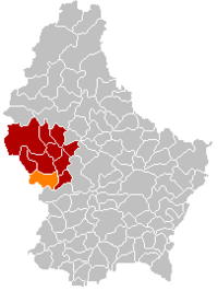 Map of Luxembourg with Beckerich highlighted in orange, and the canton in dark red
