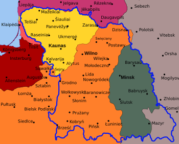 Map of planned Litbel borders (thick blue line) superimposed on state borders of 1920