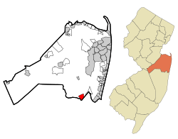 Map of Ramtown CDP in Monmouth County. Inset: Location of Monmouth County in New Jersey.