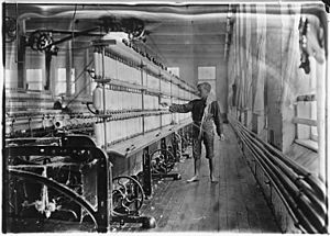Mule-spinning room in Chace Cotton Mill. Raoul Julien a "back-roping boy." Has been here 2 years. Burlington, Vt. - NARA - 523189