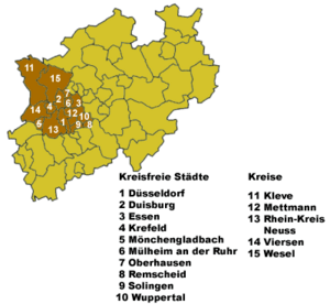 Map of North Rhine-Westphalia highlighting the  Regierungsbezirk of Düsseldorf