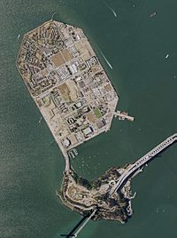 Treasure Island is "5,520 feet long by 3,410 feet wide" and has the Treasure Island Marina on the south near Yerba Buena Island (bottom)