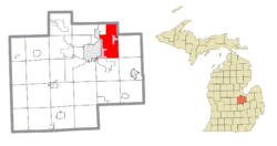 Location within Saginaw County (red) and the administered communities of Buena Vista and Robin Glen–Indiantown (pink)