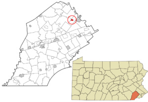 Location of Kimberton in Chester County, Pennsylvania (top) and of Chester County in Pennsylvania (below)