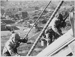 Civil Works Administration (CWA) workmen cleaning and painting the gold dome of the Denver Capitol, 1934 - NARA - 541904