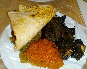Dhalpurie Roti, Pumpkin, Channa and Potato, Curry Goat, Trinidad and Tobago