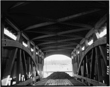 General inside view, showing upper wind bracing and ties, arch rings and truss framing. - Leatherwood Station Covered Bridge, Spanning Leatherwood Creek (moved to Billie Creek HAER IND,61-MONT,1-5