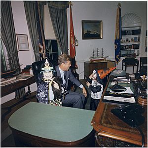 Halloween Visitors to the Oval Office. Caroline Kennedy, President Kennedy, John F. Kennedy, Jr. White House, Oval... - NARA - 194260