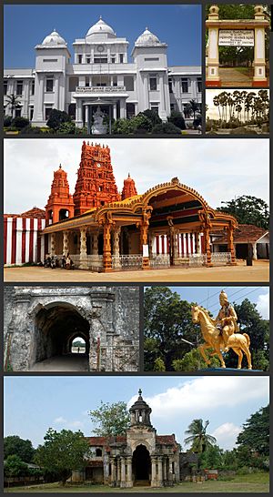 Clockwise from top: Jaffna Public Library, Nallur Kandaswamy temple, Jaffna Fort, the Jaffna-Pannai-Kayts highway