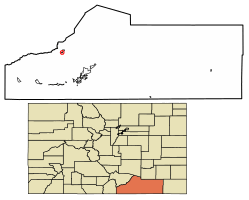 Location of the Town of Aguilar in Las Animas County, Colorado.