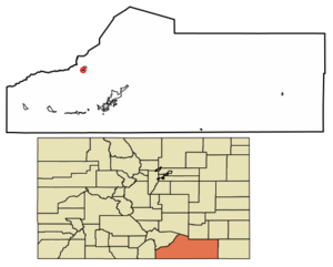Location of the Town of Aguilar in Las Animas County, Colorado.