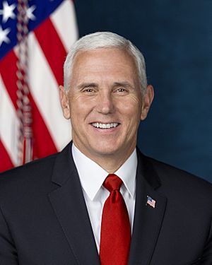 Official White House portrait. Pence is smiling in front of an American flag. He wears a black suit, red tie, and an American flag lapel pin.