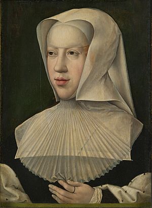 Portrait of Archduchess Margaret of Austria, Duchess of Savoy (1480–1530), in widow's dress, by Bernard van Orley.jpg