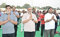 Ravi Shankar Prasad, the Minister of State for Rural Development, Shri Ram Kripal Yadav and the Deputy Chief Minister of Bihar, Shri Sushil Modi perform Yoga, on the occasion of the 4th International Day of Yoga 2018