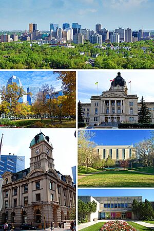 From top, left to right: Downtown Regina skyline, Victoria Park, Saskatchewan Legislative Building, Prince Edward Building, Dr. John Archer Library the Royal Saskatchewan Museum.