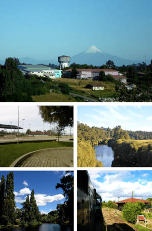 Top: Volcán Osorno, Middle left: Plaza de Armas, Middle right: Negro River seen from Chapaco Bridge, Bottom left: Locality of La Toma Bottom right: Remains of the Río Negro-Osorno railroad