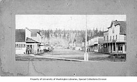 Street view showing Reed house on right, Cle Elum, ca 1890 (WASTATE 1651)