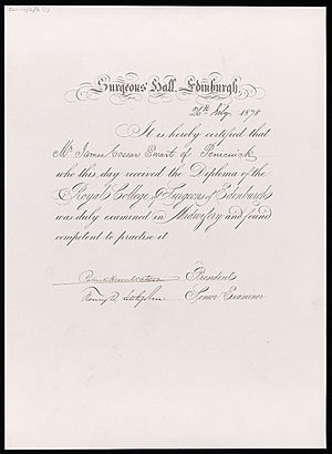 The Diploma of the Royal College of Surgeons of Edinburgh, awarded to James Cossar Ewart in 1878
