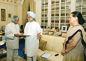 The President Dr. A.P.J Abdul Kalam authorizing the Prime Minister designate Dr. Manmohan Singh to form the next Government in New Delhi on May 19, 2004