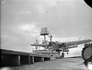 830 Squadron Barracuda taking off from HMS Furious at the start of Operation Mascot