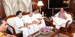 A delegation from Kerala led by the Rajya Sabha MP, Shri A.K. Antony calling on the Union Home Minister, Shri Rajnath Singh, in New Delhi on August 30, 2018