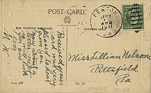 A man standing in front of postcard rack, I saw a lot but none like you (NBY 421885)