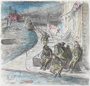 Ardizzone recorded this visit to Bremen in his diary on 26 April 1945- 'To Bremen again with Brian de Grineau. The city a dead one - ruins everywhere, a drunken Dutchman reeling down the street...Little groups of freed Art.IWMARTLD5255