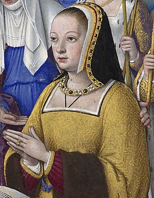 BNF - Latin 9474 - Jean Bourdichon - Grandes Heures d'Anne de Bretagne - f. 3r - Anne de Bretagne entre trois saintes (détail).jpg