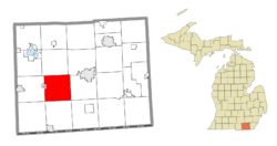Location within Lenawee County (red) and an administered portion of the village of Clayton (pink)